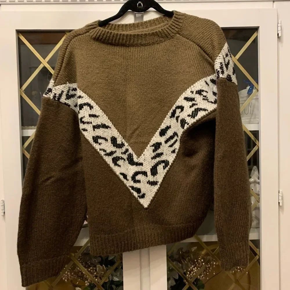 Leopard & Chevron Pattern Drop Shoulder Sweater - Picture 3 of 8